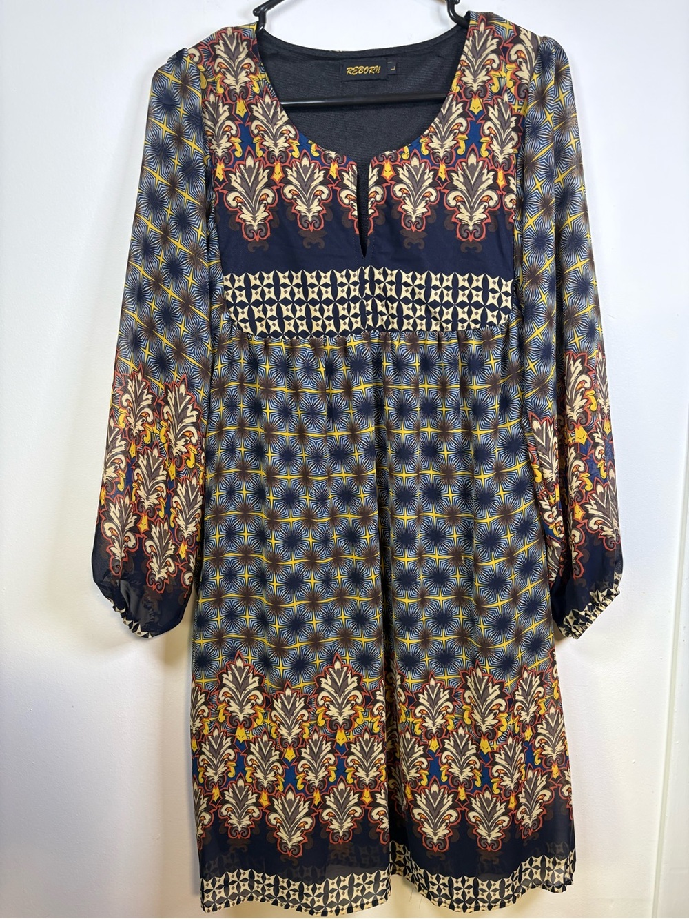 Reborn Navy Multicolor Boho Long Sleeve Dress